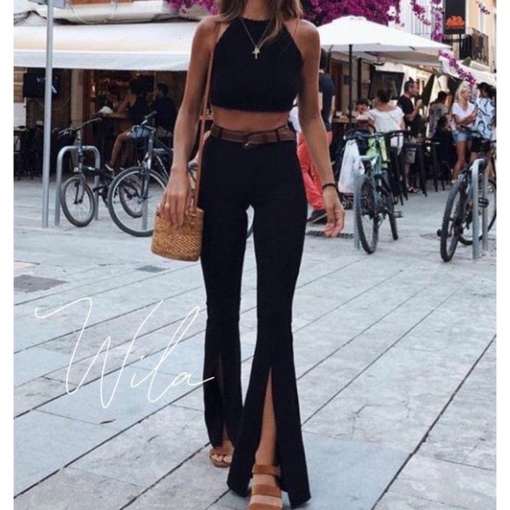 Slit hem flared bootcut black pants 70s trendy
